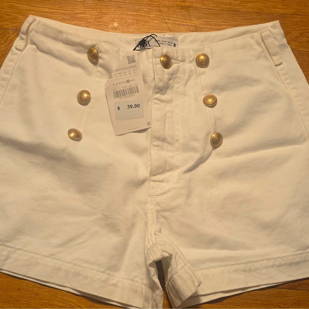 ZARA Women's White Sailor Shorts High Rise Button Front Pockets Size 10
